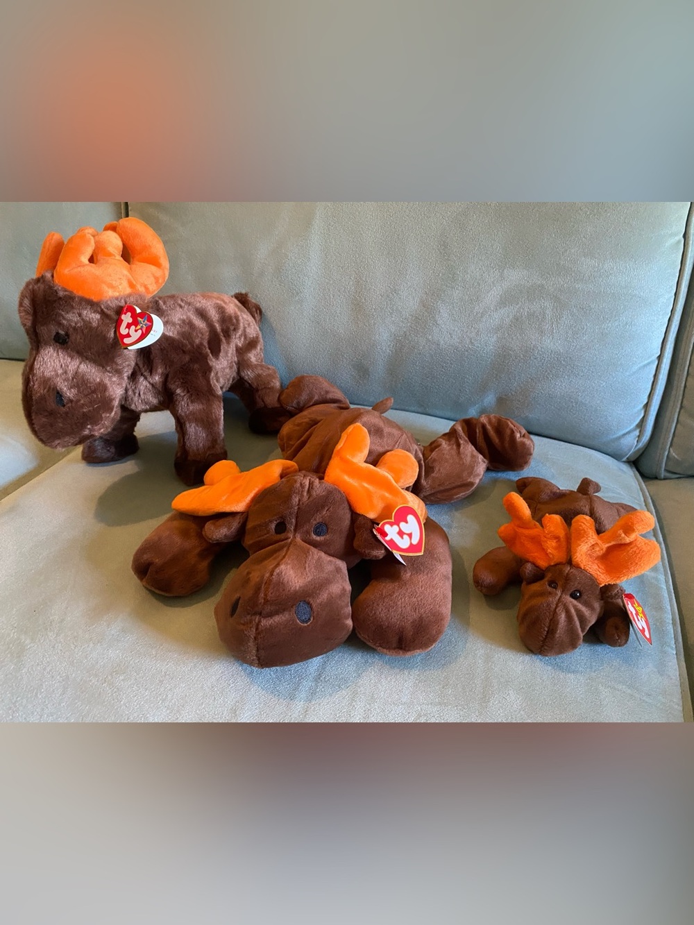 Collection of 3 Ty Brown Plush Moose with Orange Antlers Stuffed Animal